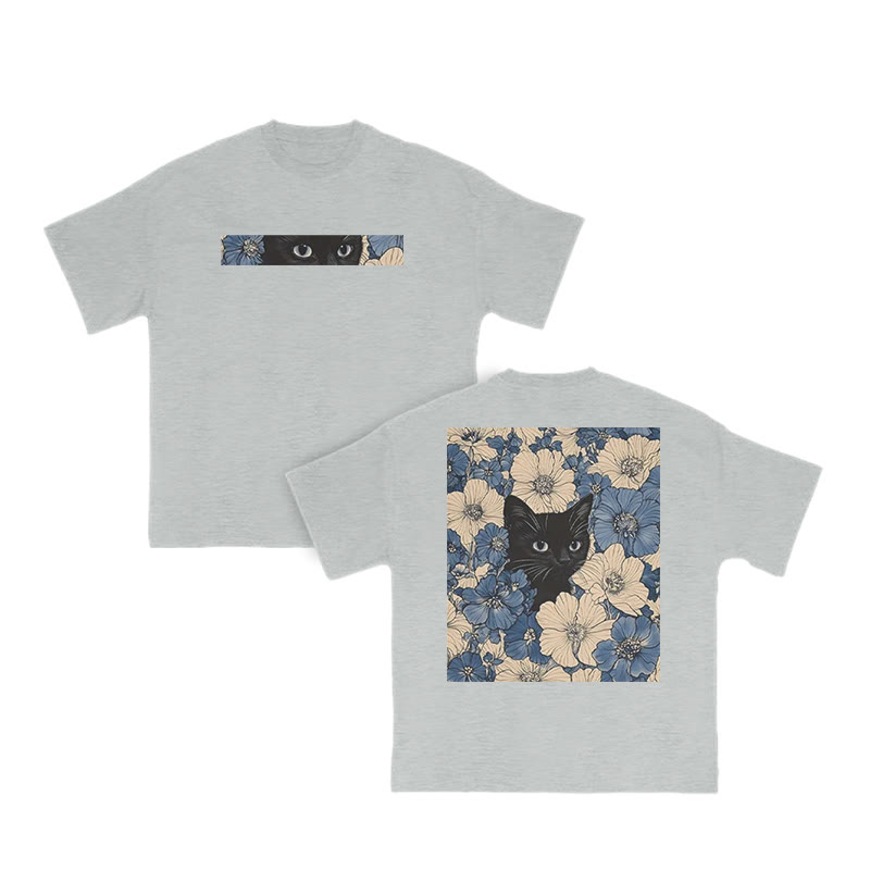 Black Cat In A Patchwork Flower Field Print T-shirt - Grey - US16-18(2XL) - image 4