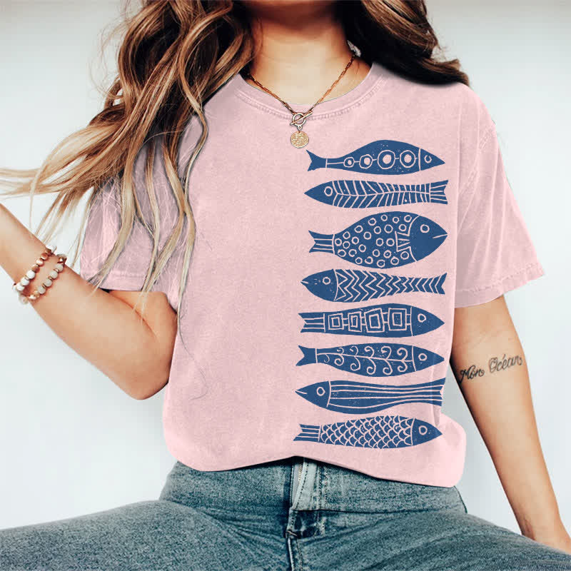 100% Cotton Fish Japanese Lino Art Print Casual T-shirt - Pink - 2XL - image 11