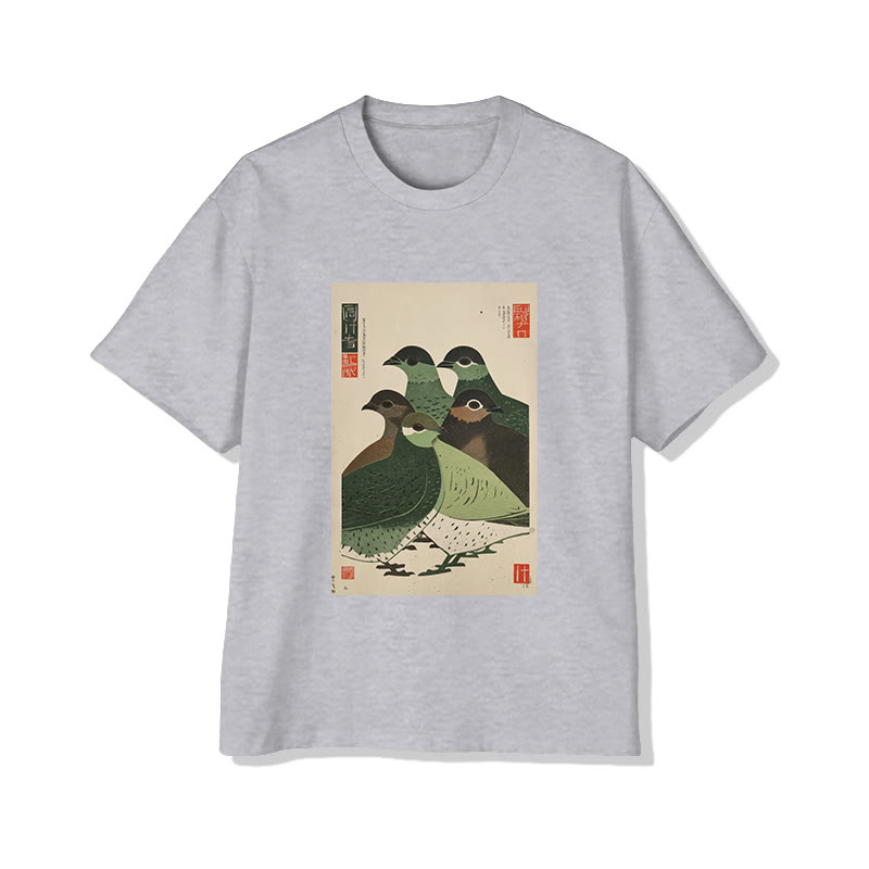 Unisex Japanese  Zen-inspired Birds  Art Pattern Cotton Print T-shirt - Grey - US20-22(3XL) - image 4