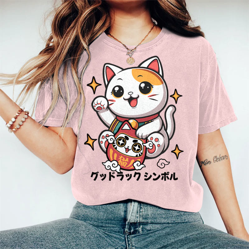 100% Cotton Women's Japanese Cute Lucky Cat Art Print Casual T-shirt - Pink - 2XL - image 3