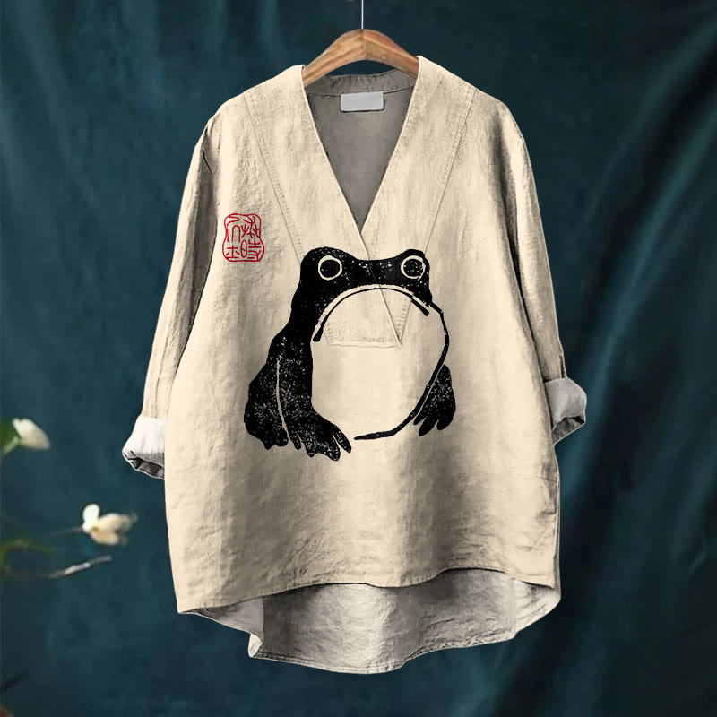Frog Ancient Japanese Art Printed Casual V-neck Blouse - image 5