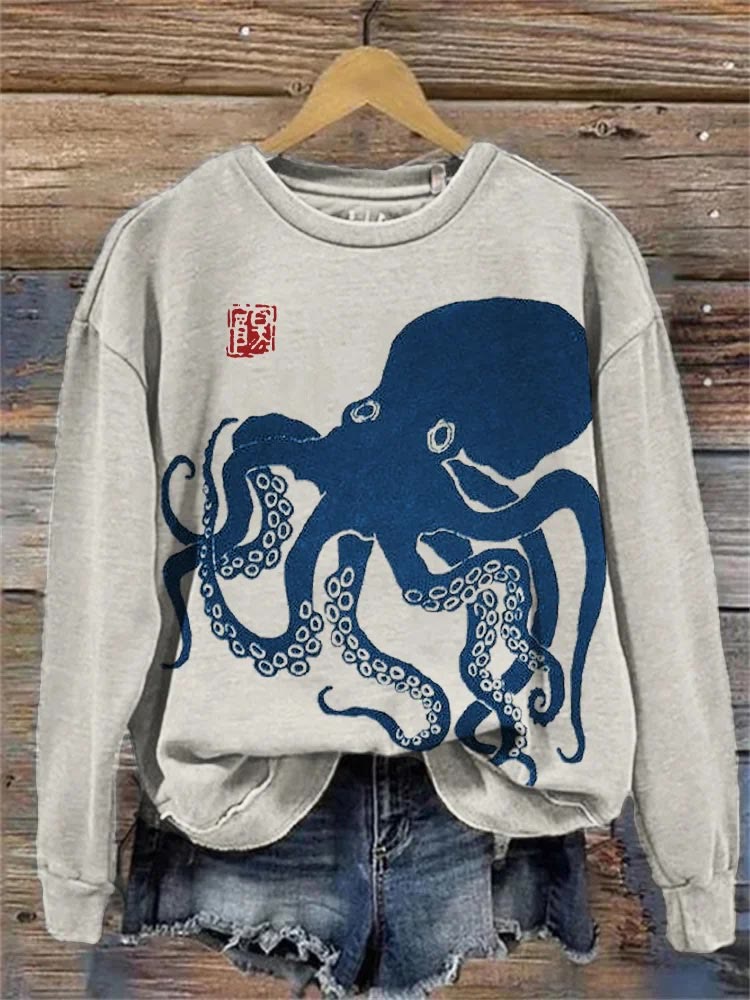 Octopus Japanese Lino Art Vintage Print Sweatshirt - Blue - 5XL - image 1