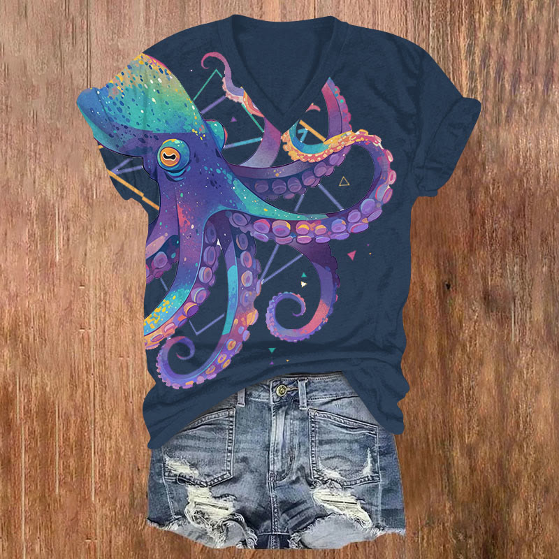 Watercolor Rainbow Octopus Print V-neck T-shirt - Blue - US32-34(5XL) - image 5