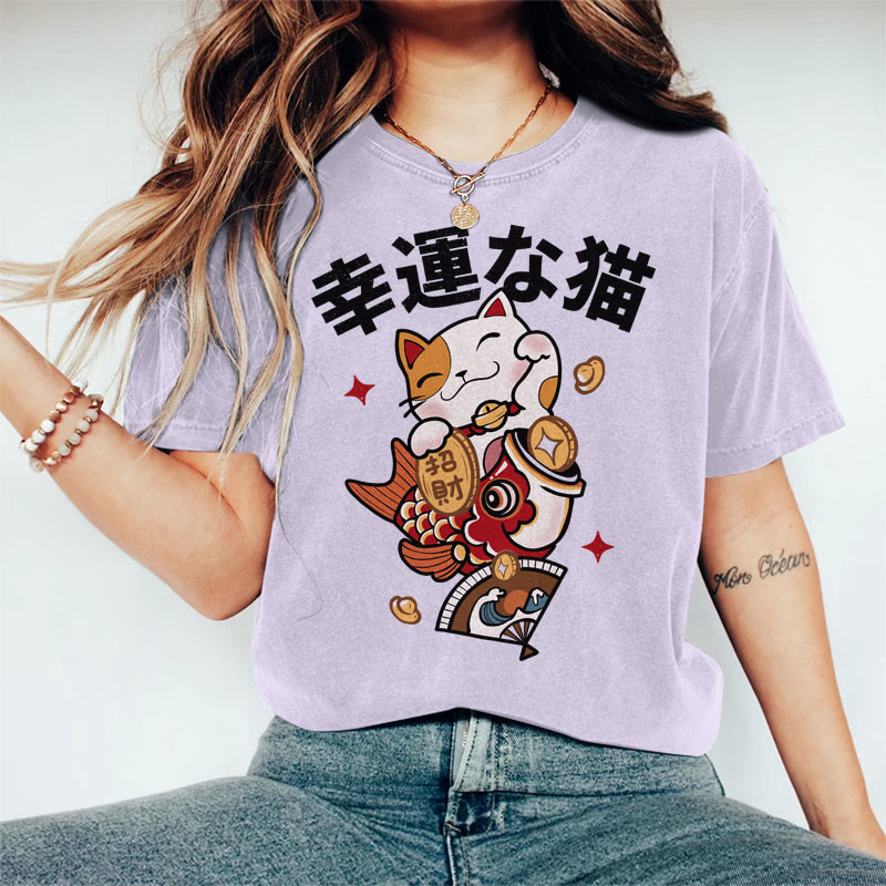 100% Cotton Women's Japanese Lucky Cat Art Print Casual T-shirt - Purple - 2XL - image 3