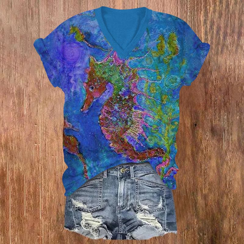 Contrast Color Seahorse Oil Painting Print V-neck T-shirt - Blue - US32-34(5XL) - image 4