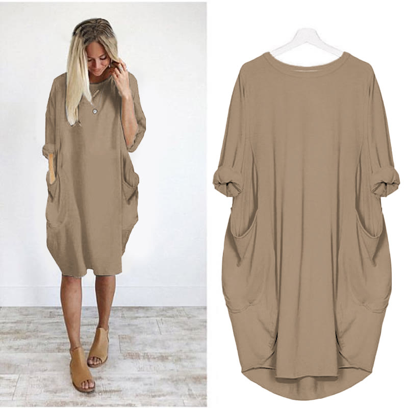 Women's Solid Color Loose Elegant Casual Long-sleeved Pocket Dress - Coffee - 8XL - image 8