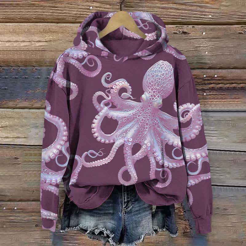 Japanese Vintage Vivid Octopus Art Print Long Sleeve Hoodie - Purple - US44-46(8XL) - image 5