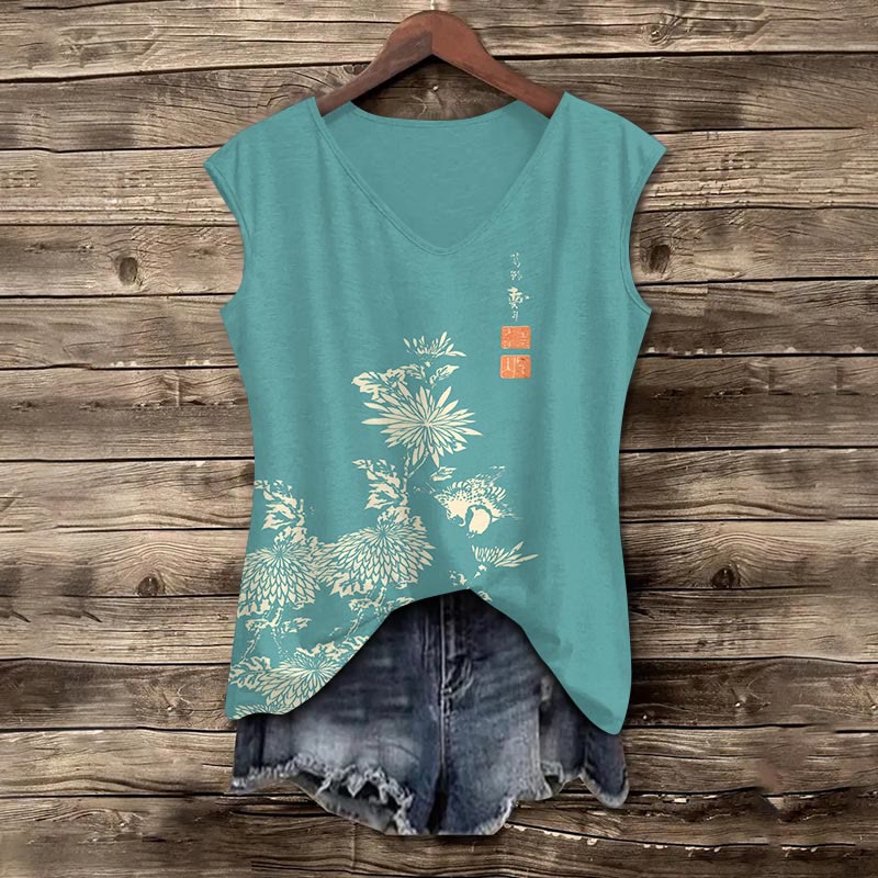 Vintage Chrysanthemum Print V-neck Tank Top - Blue - 5XL - image 2