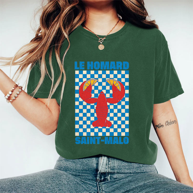 100% Cotton Women's Japanese Checkerboard Lobster Holding Lemon Art Print Casual T-shirt - Dark Green - 2XL - image 6