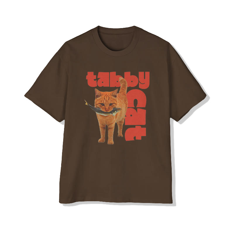 Funny Y2k Tabby Cat With Fish Print Pattern Cotton Print T-shirt - Coffee - US16-18(2XL) - image 8