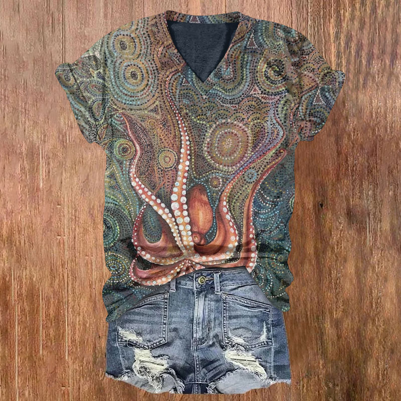 Colorful Mandala Octopus Print T-shirt - Multicolor - 5XL - image 1
