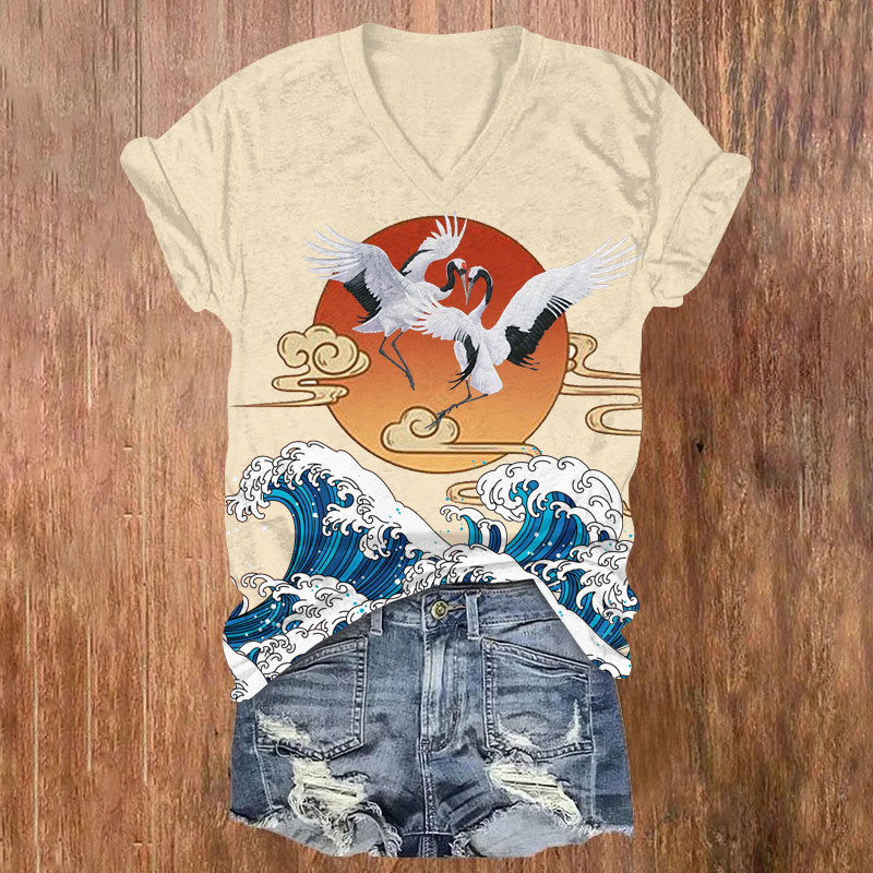 Japanese Cranes In Flight Sunset & Waves Art Print V-neck T-shirt - Apricot - US32-34(5XL) - image 2