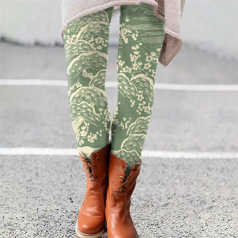 Women's Japanese Art Plum Blossom Art Print Leggings - Green - 5XL - image 3