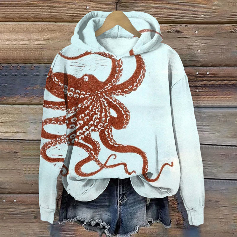 Japanese Retro Octopus Art Print Long Sleeve Hoodie - Light Blue - 8XL - image 2
