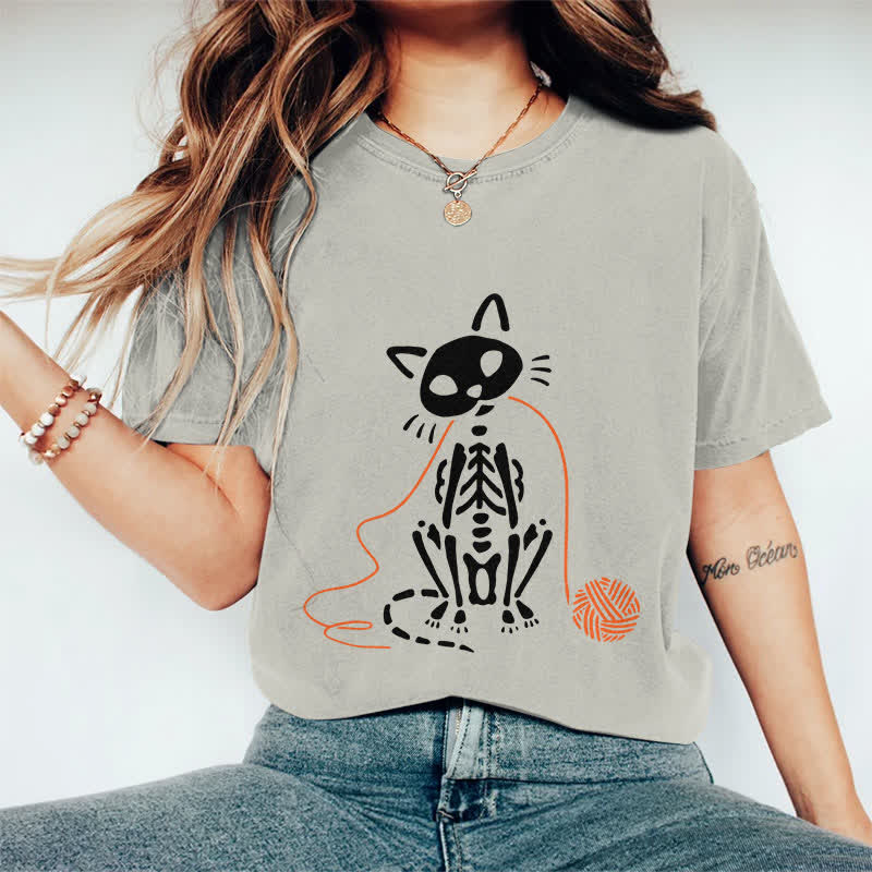 100% Cotton Women's Creative Skeleton Cat Playing Ball Of Yarn Art Print Casual T-shirt - Warm Grey - 2XL - image 4