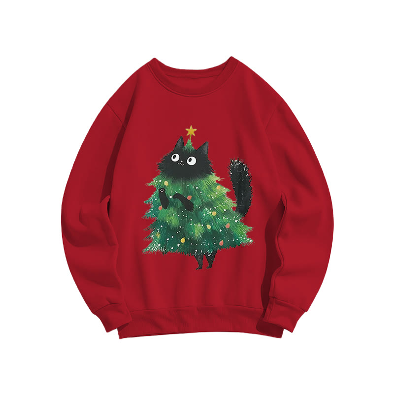 Fun Cat Christmas Tree And Printed Long Sleeved Crewneck Sweatshirt - Red - US16-18(2XL) - image 5