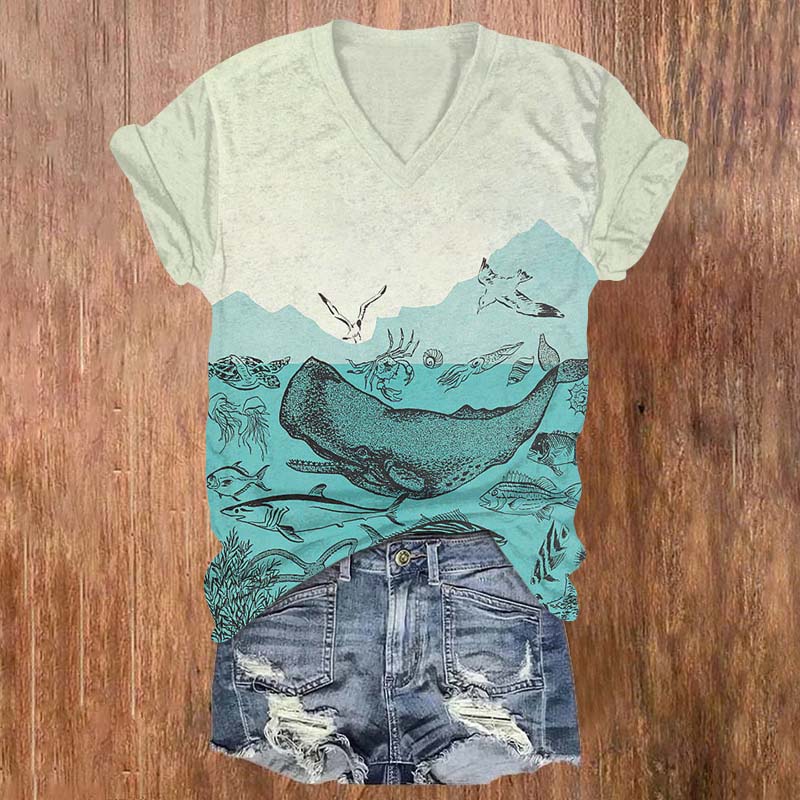 Whales And Sea Life Art Print T-shirt - Apricot - 5XL - image 1
