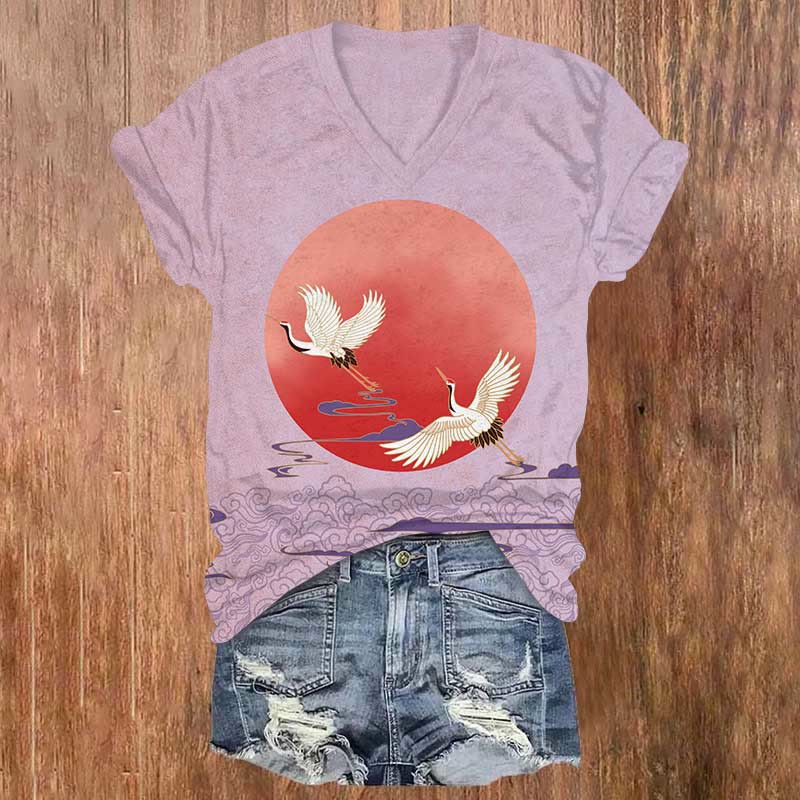 Japanese Crane Flying Around Red Sun & Cloud Pattern Print V-neck T-shirt - Purple - US32-34(5XL) - image 3