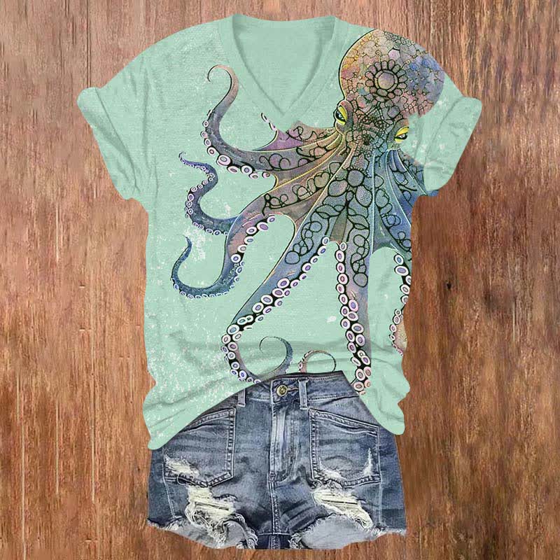 Vintage Dangerous Blue-ringed Octopus Print V-neck T-shirt - Green - US32-34(5XL) - image 2