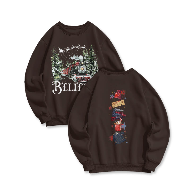 Unisex Believe Steam Locomotive Christmas Print Sweatshirt - Coffee - US16-18(2XL) - image 8