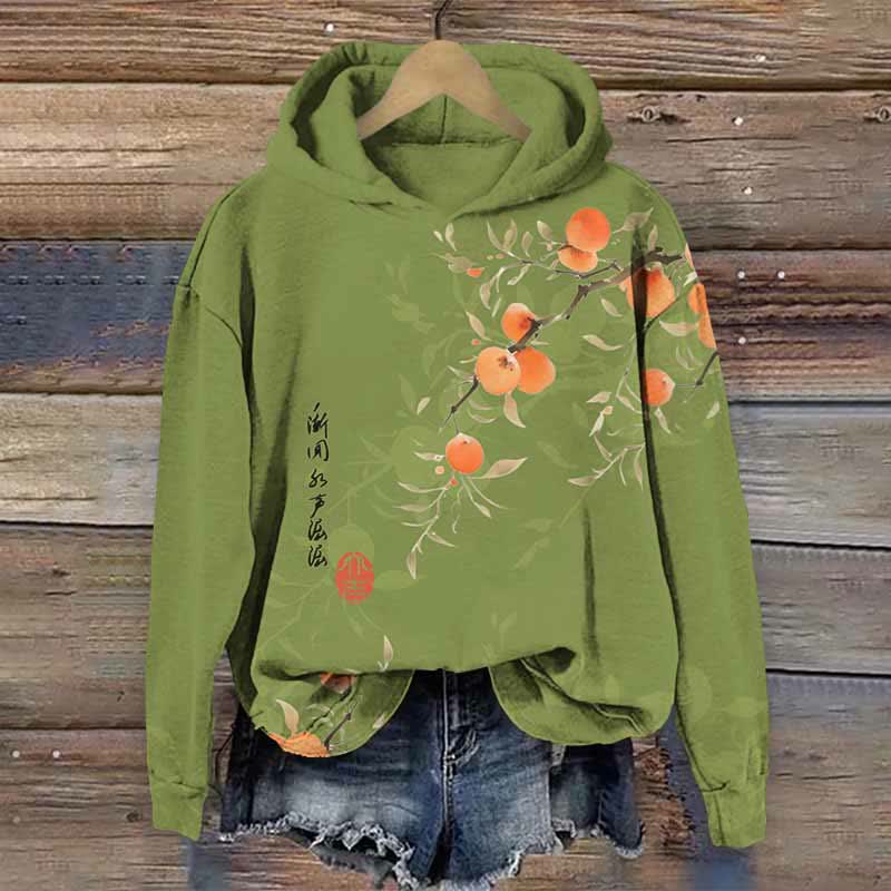 Japanese Watercolor Persimmon Art Print Long Sleeve Hoodie - Green - US44-46(8XL) - image 2