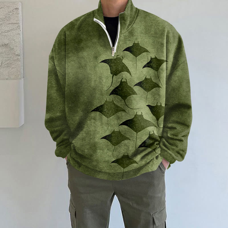 Men's Vintage Manta Ray Art Print Long Sleeve Zipper Sweatshirt - Olive Green - 5XL - image 3