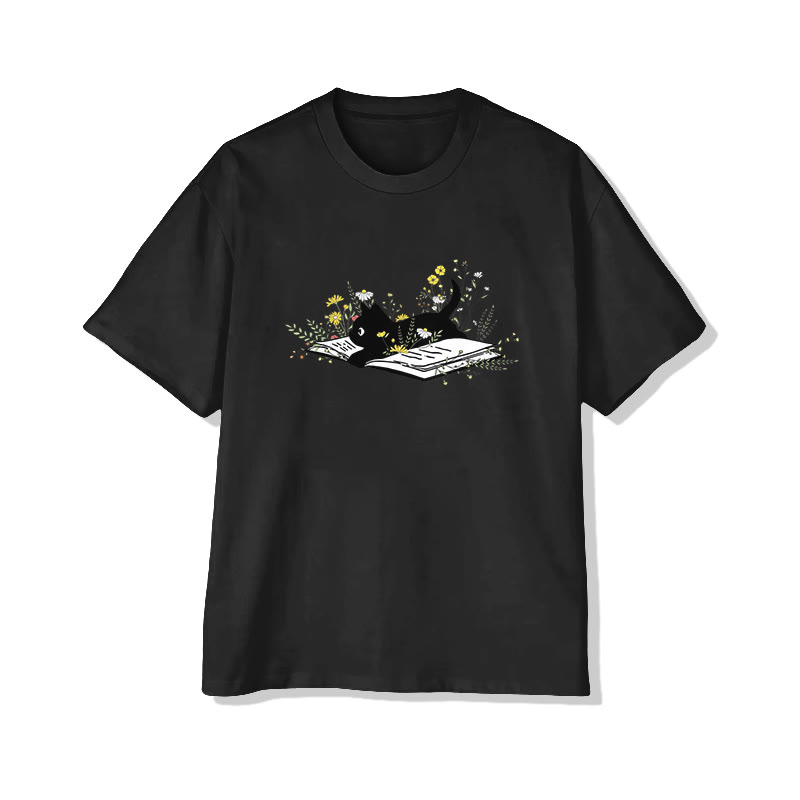 Black Cat Book And Wildflowers Print Pattern Cotton Print T-shirt - Black - US16-18(2XL) - image 7
