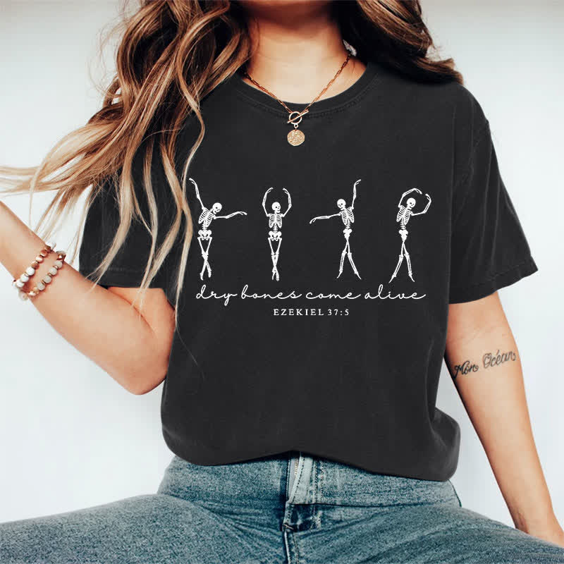 100% Cotton Women's Dancing Skeleton Man Halloween Art Print Casual T-shirt - Black - 2XL - image 2