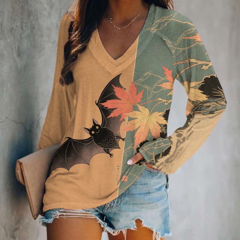 Halloween Cute Bat & Maple Leaf Art Print Long Sleeve T-shirt - Orange - 5XL - image 2