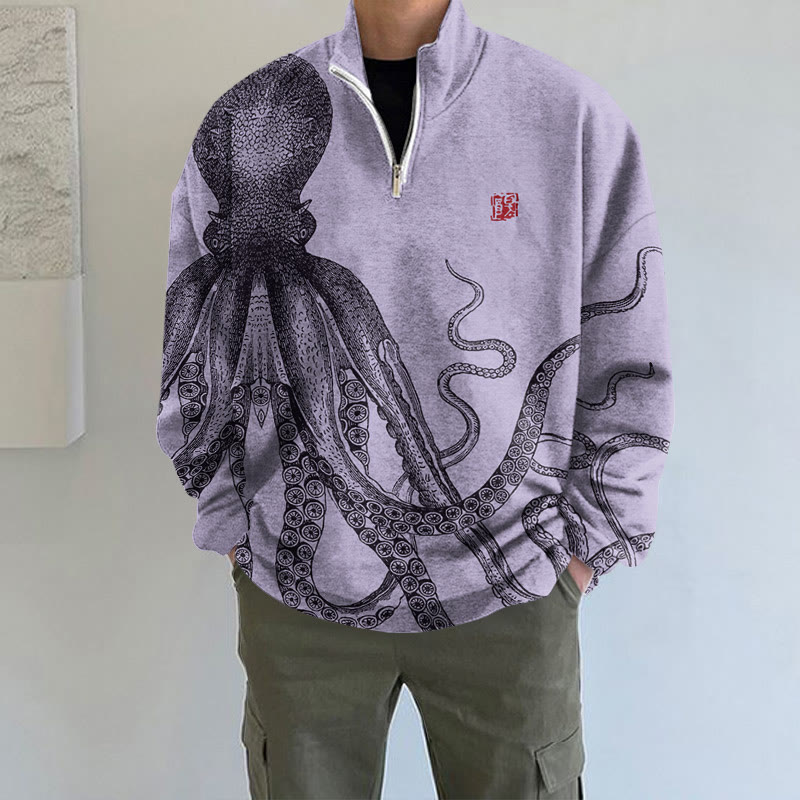Japanese Art Octopus Print Long Sleeve Zipper Sweatshirt - Purple - 5XL - image 3