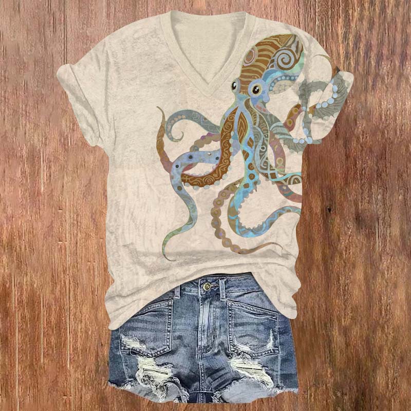 Vintage Ethnic Pattern Octopus Print V-neck T-shirt - Apricot - US32-34(5XL) - image 4