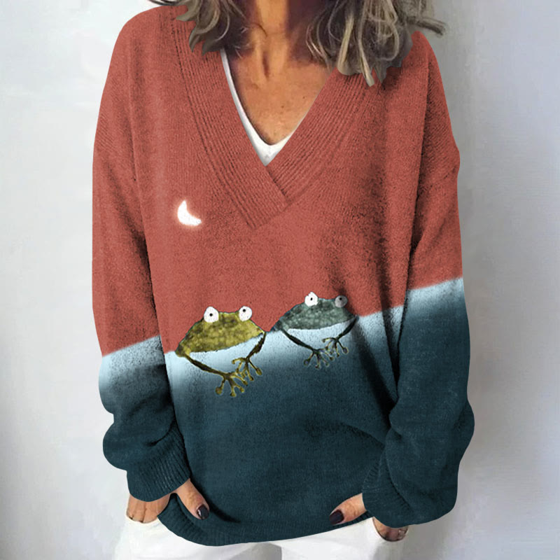 Simple Frog Color Block Print Causal V-neck Pullover Sweater - Red - 4XL - image 2