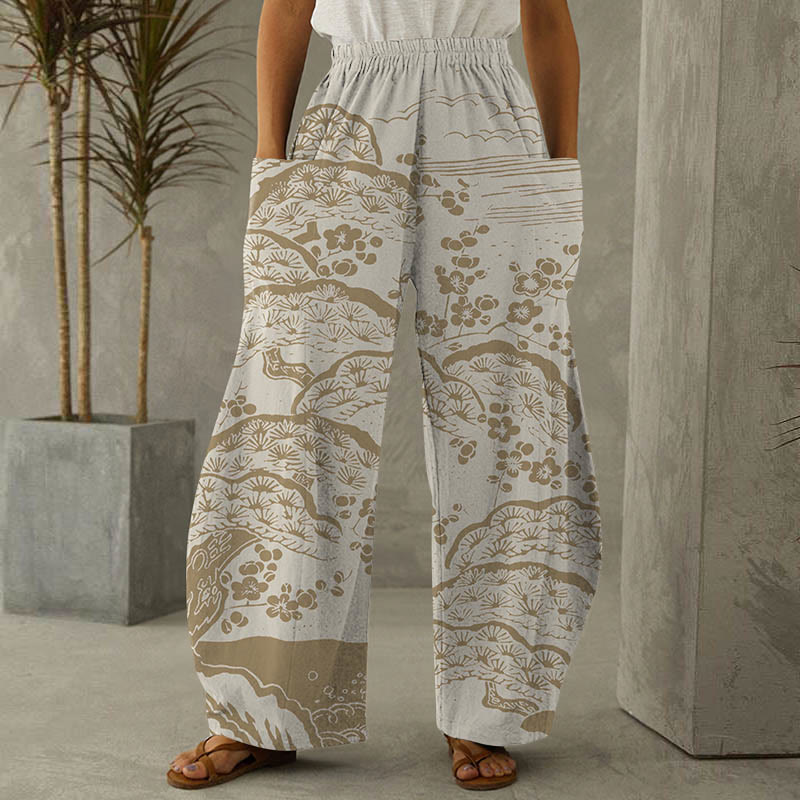 Women's Japanese Art Plum Blossom Print Casual Pants
