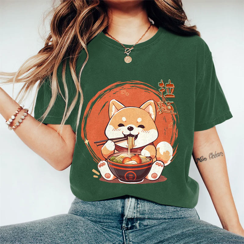 100% Cotton Women's Japanese Cat Eating Ramen Art Print Casual T-shirt - Dark Green - 2XL - image 5