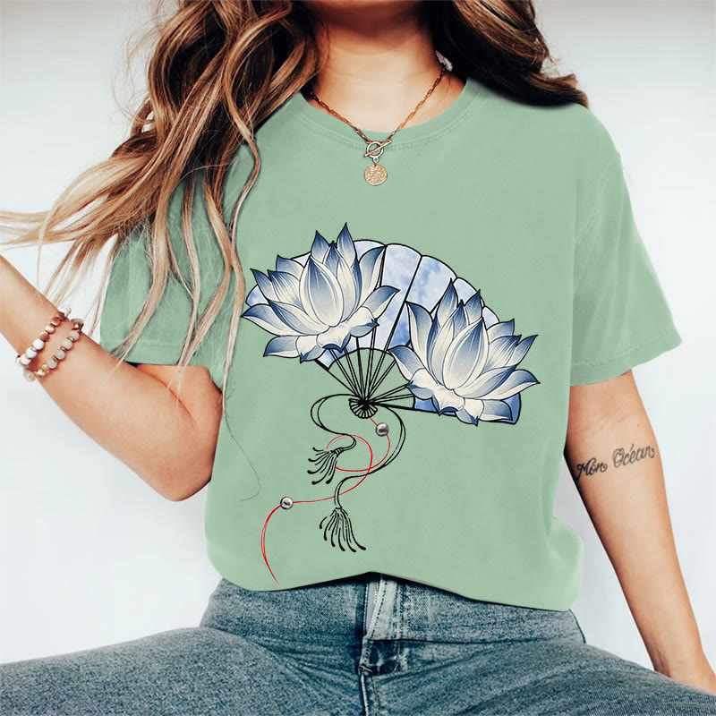 100% Cotton Women's Japanese Style Blue Flower Fan Art Print Casual T-shirt - Green - 2XL - image 2