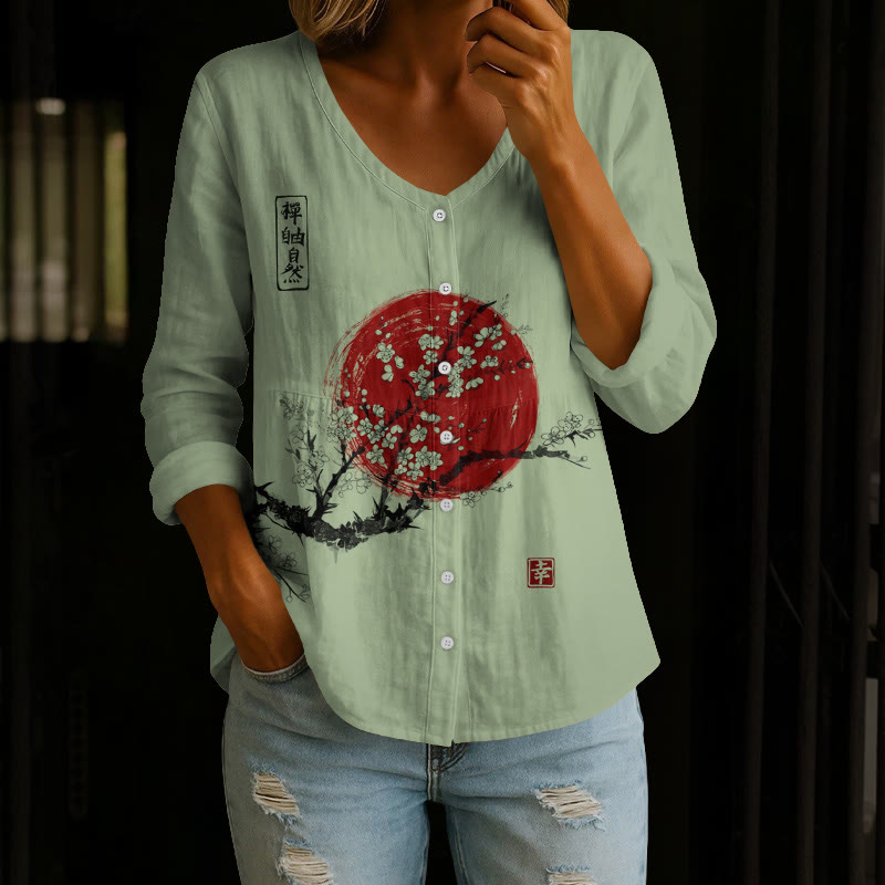 Women's Sunrise Japanese Art Print Button V-neck A-line Long Sleeve Blouse - Green - 4XL - image 4