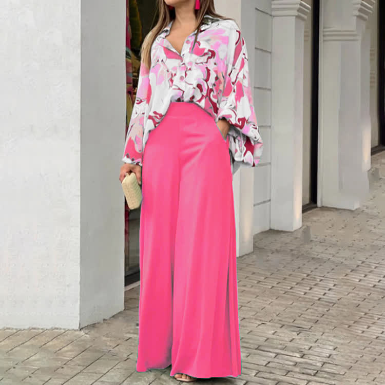 Elegant Color Block Print Turn-down Collar Lantern-sleeve Shirt & Large Pocket Wide-leg Pants Set - Pink - 3XL - image 3