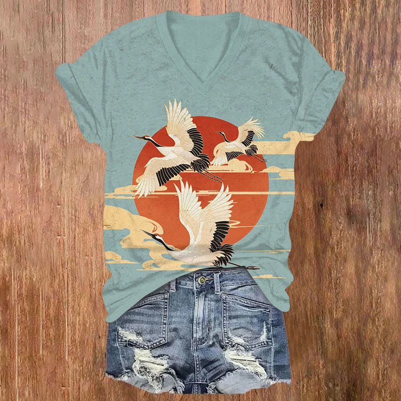 Japanese Crane Sun Cloud Pattern Print V-neck T-shirt - Light Blue - US32-34(5XL) - image 4
