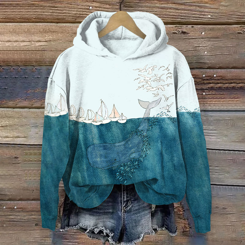 Boat And Fish Print Long Sleeve Hoodie - Blue - 8XL - image 1