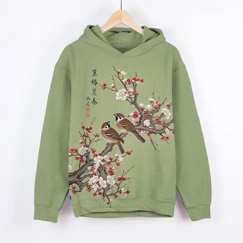 Vintage Spring Plum Blossom & Birds Art Print Long Sleeve Hoodie - Green - US44-46(8XL) - image 3