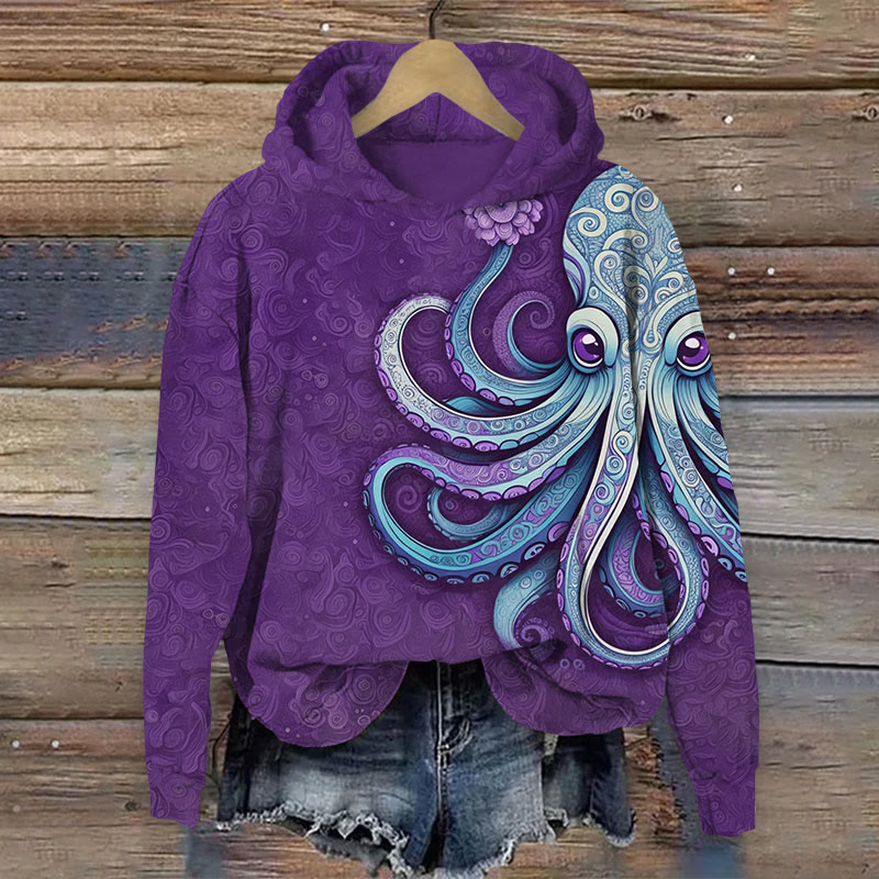 Art Octopus With Shading Print Long Sleeve Hoodie - Purple - US44-46(8XL) - image 3
