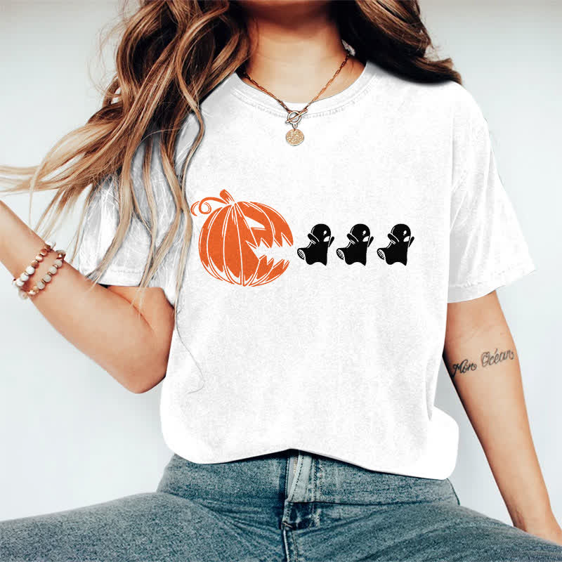 100% Cotton Women's Halloween Creative Pumpkin Eating Ghost Art Print Casual T-shirt - White - 2XL - image 3