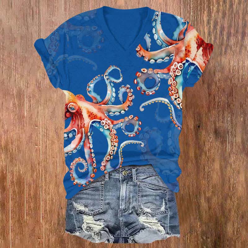 Japanese Colorful Octopus Art Print V-neck T-shirt - Blue - US32-34(5XL) - image 3