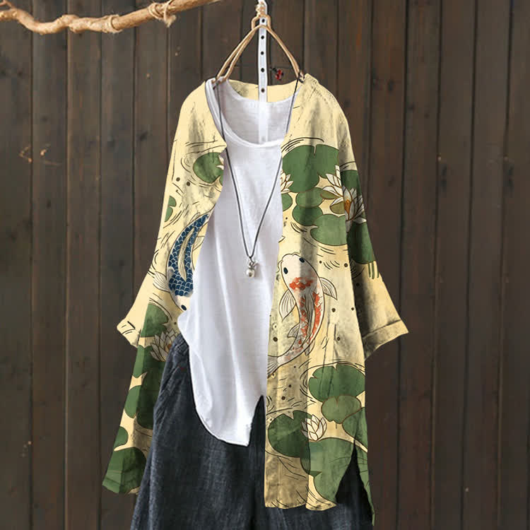  Japanese Koi In The Lotus Pond Pattern Print Cardigan - image 14