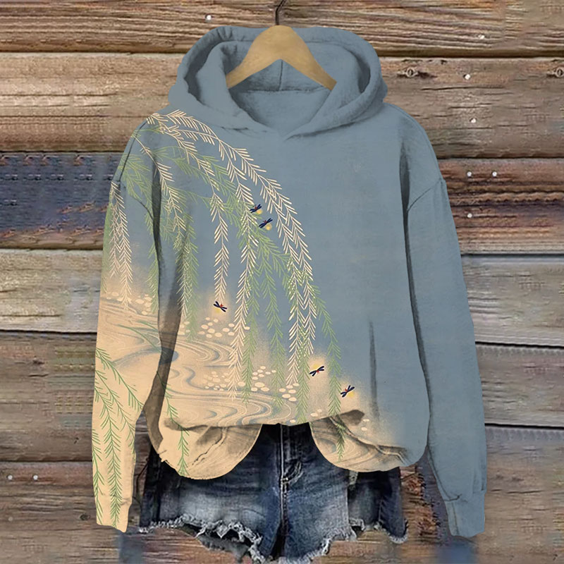 Vintage Japanese Willow Tree Dragonfly Art Print Long Sleeve Hoodie - Blue - 8XL - image 1