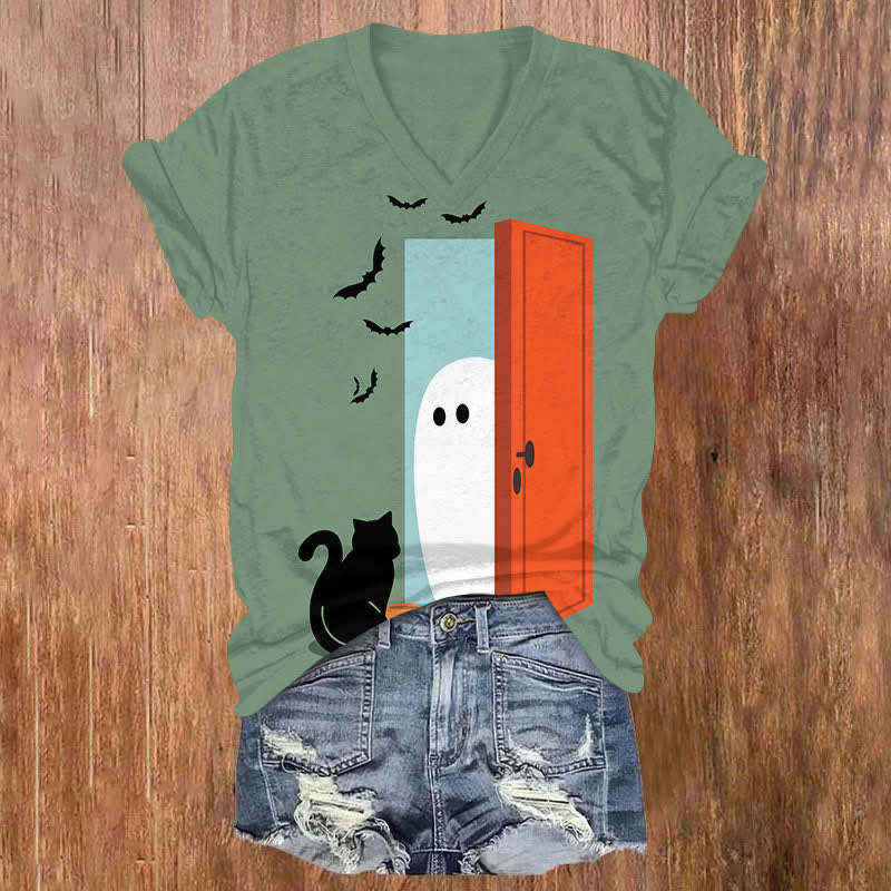 Halloween Ghost Open The Door For Black Cat Art Print V-neck T-shirt - Green - US32-34(5XL) - image 3