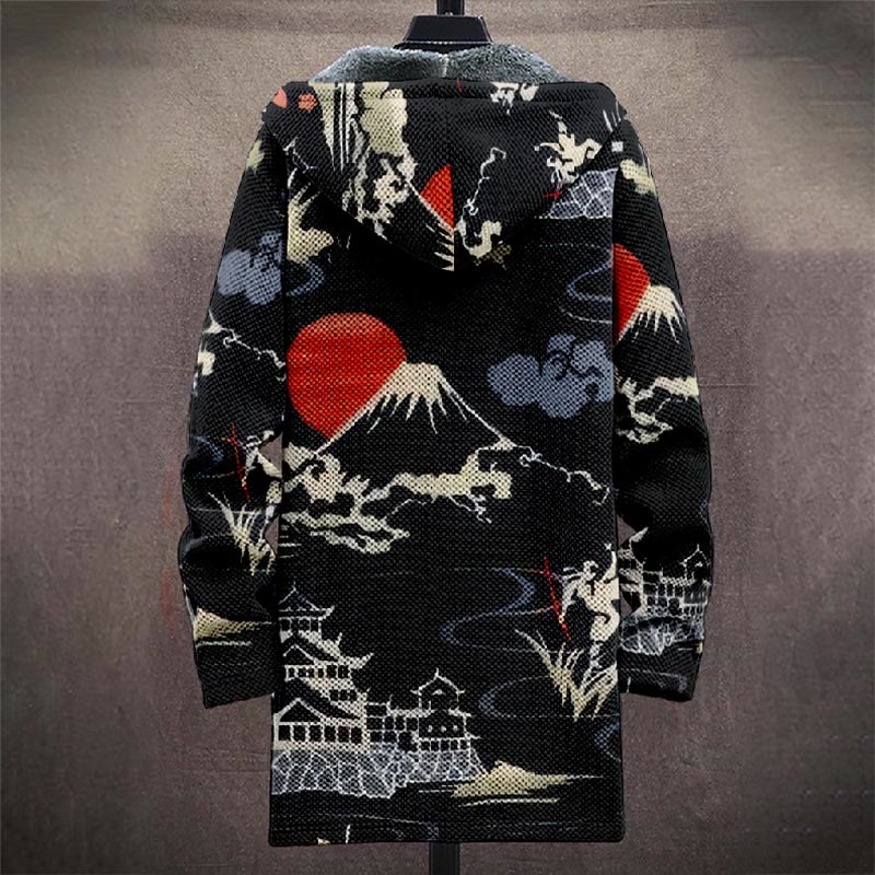 Japanese Moonlight Village Pattern Print Unisex Plush Thick Long-sleeved Fleece Jacket Coat - image 4