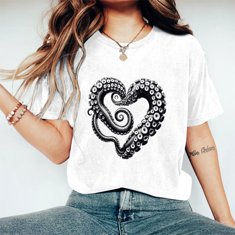 100% Cotton Valentine's Day Abstract Octopus Love Heart T-shirt - White - 2XL - image 4
