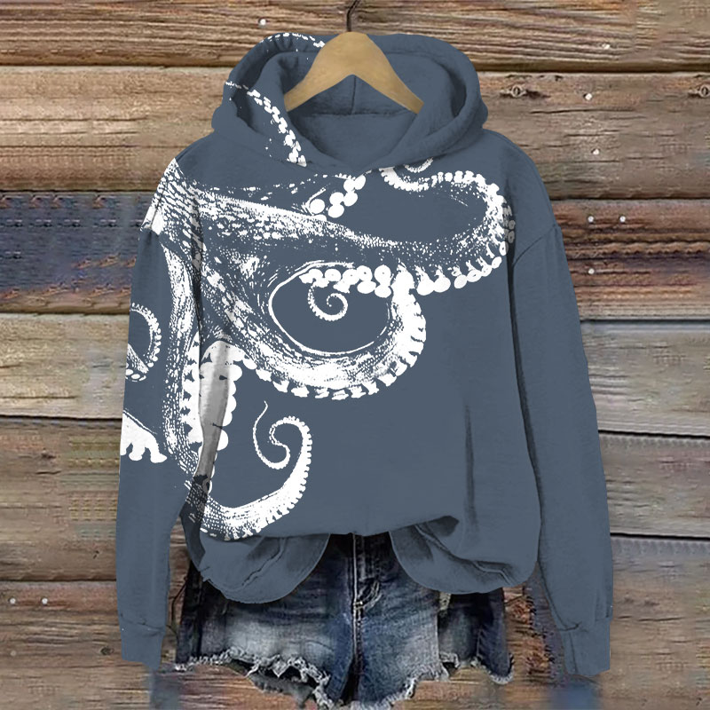 Japanese Octopus Art Print Long Sleeve Hoodie - Blue - 8XL - image 2