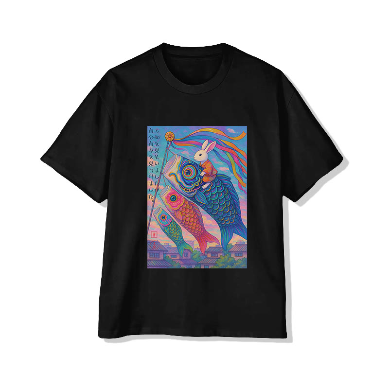 Unisex Japanese Koi Fish And Rabbits Print Short Sleeved Crew Neck T-Shirt - Black - 2XL - image 5